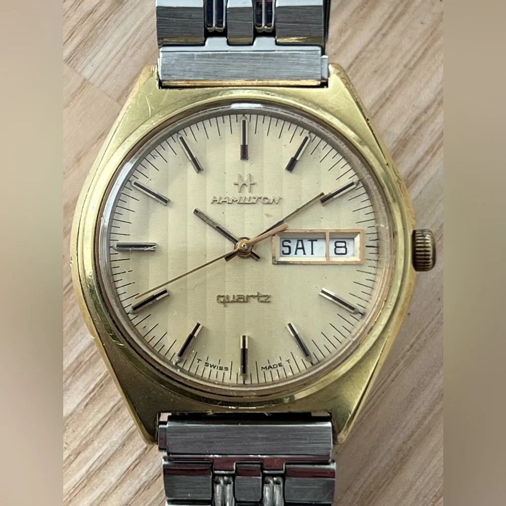Hamilton 14K Gold Plated Rare Vintage Men’s Watch Stainless Bracelet Gold Dial